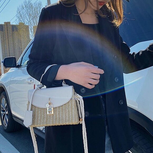 Straw Square Bag Rattan Beach Purse Crossbody Shoulder Tote for Women - Picture 2 of 5